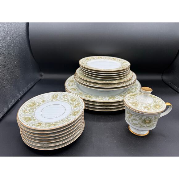 21pc Assorted Set of Sango Savannah 3723 Green Gold Floral China - Picture 1 of 10